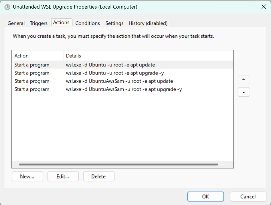 The action steps to update two distributions in a scheduled task